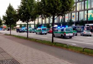 Emergency services respond to a shooting at a shopping center in Munich, Germany, Friday July 22, 2016.  Munich police confirm shots have been fired at Olympia Einkaufszentrum shopping center but say they don't have any details about casualties. Police are responding in large numbers. (Associated Press Television via AP)